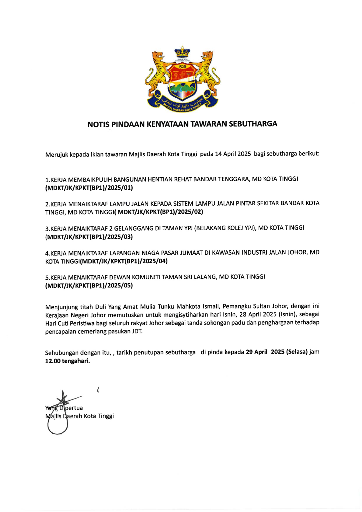NOTIS PINDAAN KENYATAAN TAWARAN SEBUTHARGA